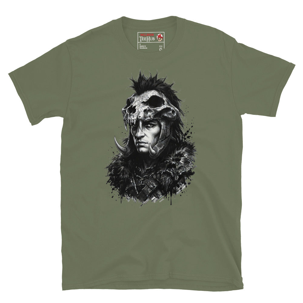 Military Green Kurgan Highlander t-shirt with dramatic ink splatter portrait of the Kurgan in skull helmet mohawk crest curved tusks and fur collar armour