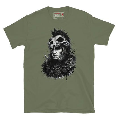 Military Green Kurgan Highlander t-shirt with dramatic ink splatter portrait of the Kurgan in skull helmet mohawk crest curved tusks and fur collar armour
