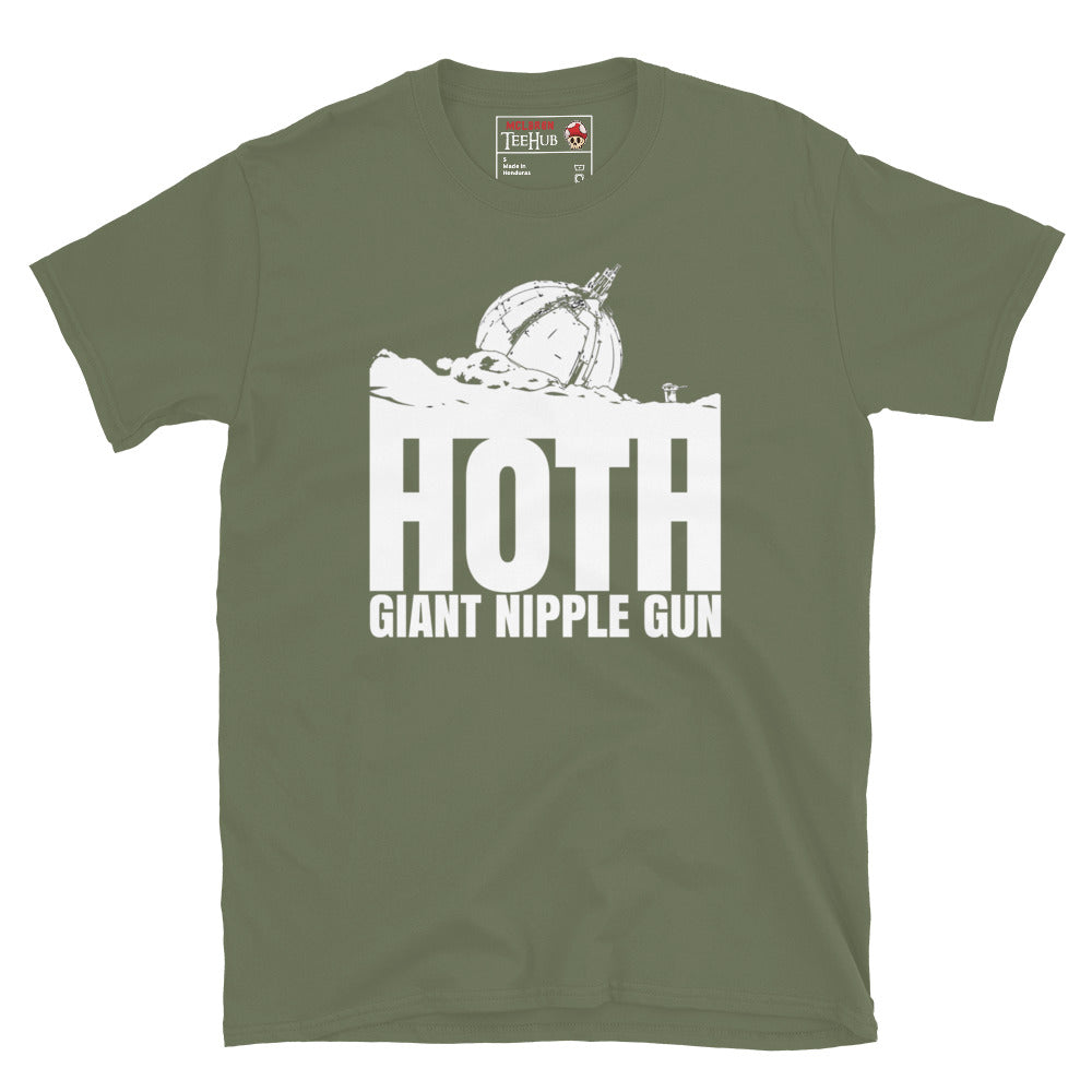 Military Green Hoth Giant Nipple Gun Star Wars parody t-shirt with white ion cannon illustration emerging from snow and bold Hoth Giant Nipple Gun typography