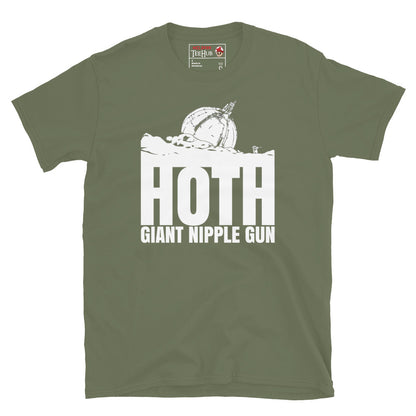 Military Green Hoth Giant Nipple Gun Star Wars parody t-shirt with white ion cannon illustration emerging from snow and bold Hoth Giant Nipple Gun typography