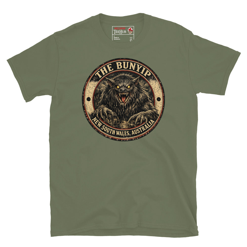 Military Green Bunyip New South Wales Australia t-shirt with vintage distressed badge featuring shaggy dark Bunyip rising from water with glowing amber eyes savage fangs and claws.