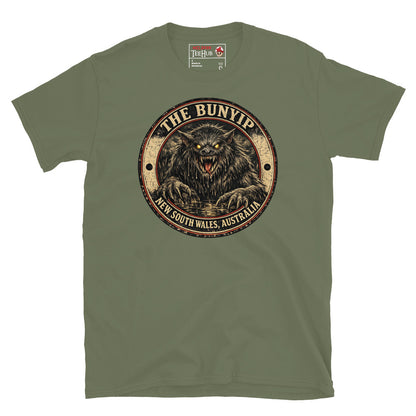 Military Green Bunyip New South Wales Australia t-shirt with vintage distressed badge featuring shaggy dark Bunyip rising from water with glowing amber eyes savage fangs and claws.
