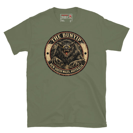 Military Green Bunyip New South Wales Australia t-shirt with vintage distressed badge featuring shaggy dark Bunyip rising from water with glowing amber eyes savage fangs and claws.