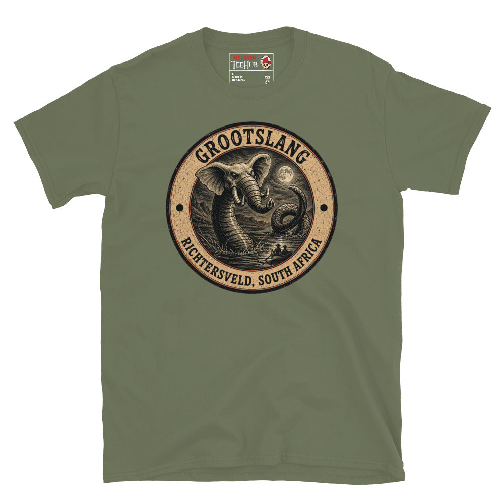 Military Green Grootslang Richtersveld South Africa t-shirt with vintage distressed badge featuring elephant headed serpent cryptid rising from moonlit water dwarfing tiny boat figures below.