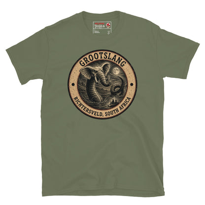 Military Green Grootslang Richtersveld South Africa t-shirt with vintage distressed badge featuring elephant headed serpent cryptid rising from moonlit water dwarfing tiny boat figures below.