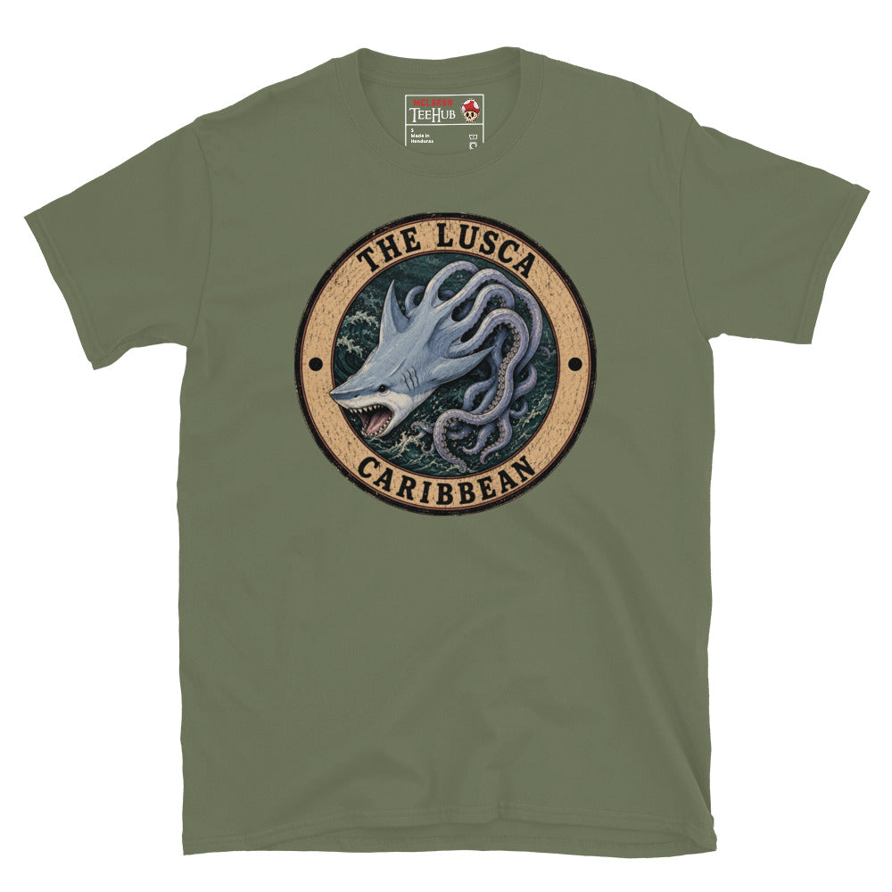 Military Green Lusca Caribbean sea monster t-shirt with vintage distressed badge featuring half shark half octopus cryptid with open jaws and writhing tentacles in stormy Caribbean waters.