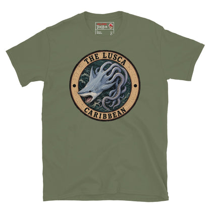 Military Green Lusca Caribbean sea monster t-shirt with vintage distressed badge featuring half shark half octopus cryptid with open jaws and writhing tentacles in stormy Caribbean waters.