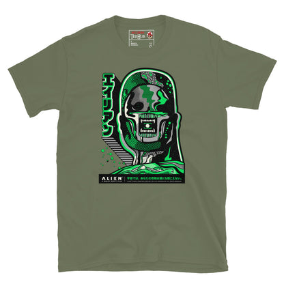 Military Green Alien 1979 Japanese poster style t-shirt with kaiju manga Xenomorph illustration in acid green and grey with katakana Alien typography and Ridley Scott Film branding