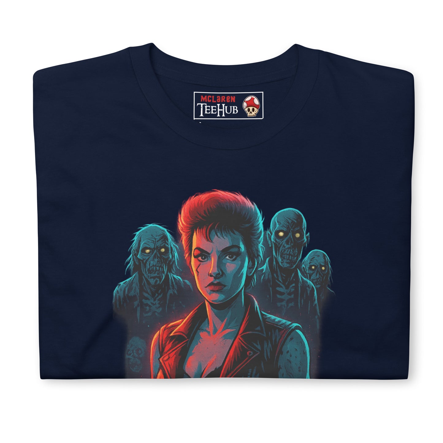 Navy T-shirt with a neon-style illustration of Trash from Return of the Living Dead surrounded by zombies and the movie's title in red