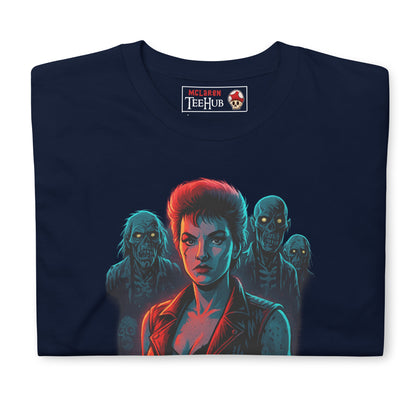 Navy T-shirt with a neon-style illustration of Trash from Return of the Living Dead surrounded by zombies and the movie's title in red