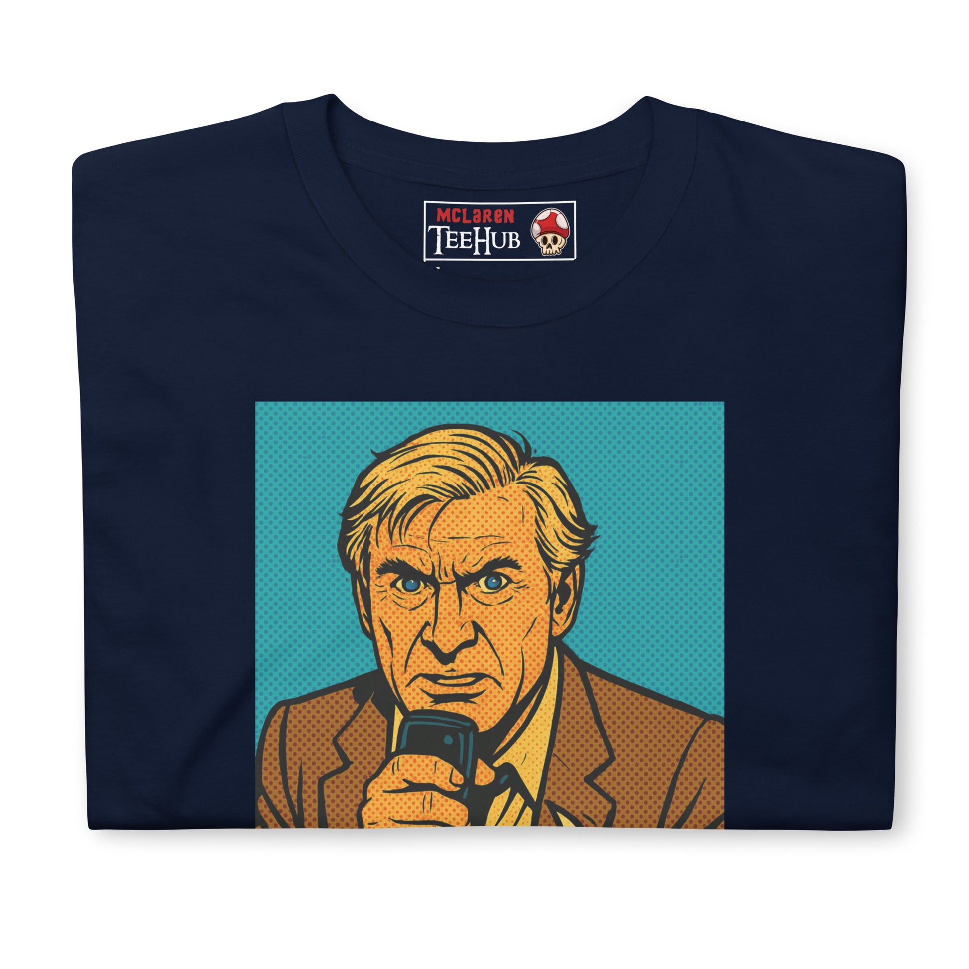 Navy T-shirt featuring a comic-style illustration of Steve McCroskey from the movie 'Airplane!' with the quote 'Looks like I picked the wrong week to quit drinking.