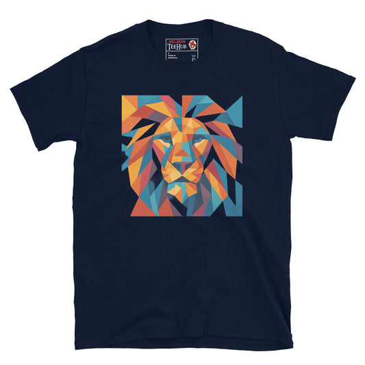 Navy blue t-shirt with a colorful geometric lion design on a white background