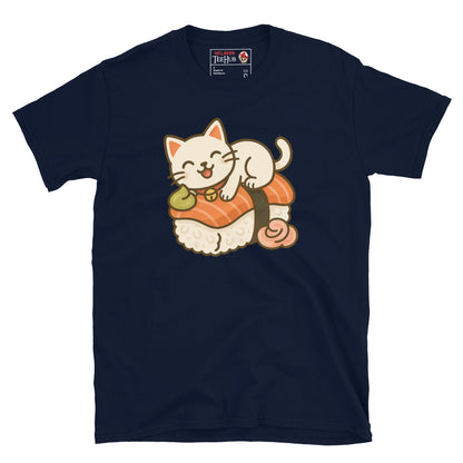 Navy blue t-shirt featuring a kawaii cartoon cat lounging on a piece of salmon nigiri sushi with wasabi and ginger.