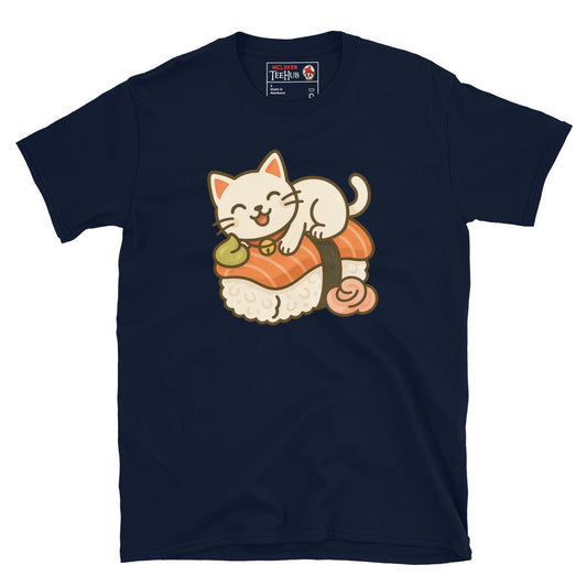 Navy blue t-shirt featuring a kawaii cartoon cat lounging on a piece of salmon nigiri sushi with wasabi and ginger.