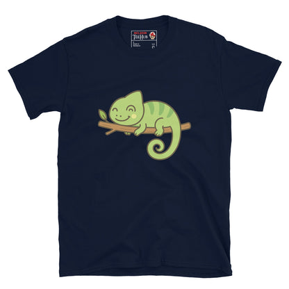 Navy blue t-shirt with a green chameleon graphic on a white background