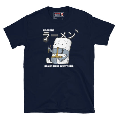 Cute ramen cartoon T-shirt with Japanese text and a rice character holding noodles – "Ramen Fixes Everything" design. Navy