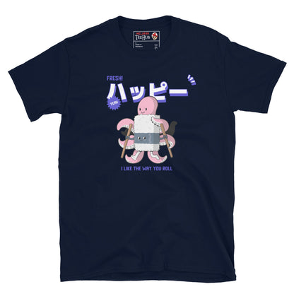 Navy Blue T-shirt with cartoon octopus rolling sushi using chopsticks and the phrase “I Like the Way You Roll” in purple text.
