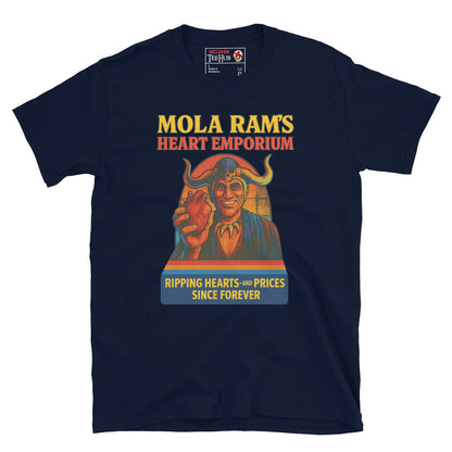 Navy Blue T-shirt featuring a parody ad of Mola Ram holding a heart with the text “Mola Ram’s Heart Emporium – Ripping hearts and prices since forever.”
