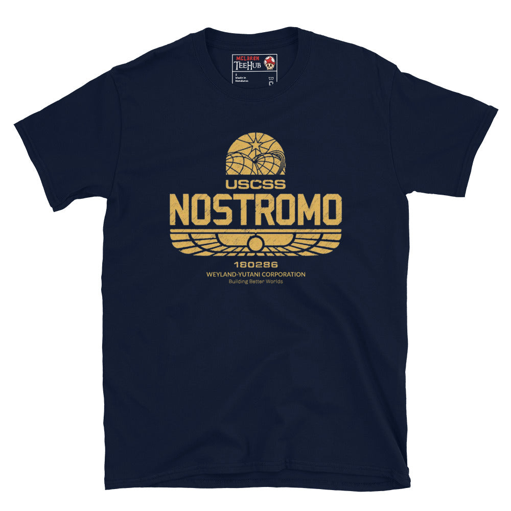Navy Blue T-shirt with distressed gold USCSS Nostromo logo and Weyland-Yutani Corporation branding from the Alien franchise.