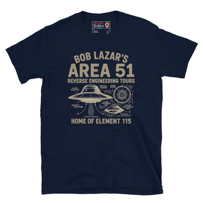 Navy blue T-shirt featuring a vintage UFO schematic with labeled parts and text: “Bob Lazar’s Area 51 Reverse Engineering Tours – Home of Element 115.”