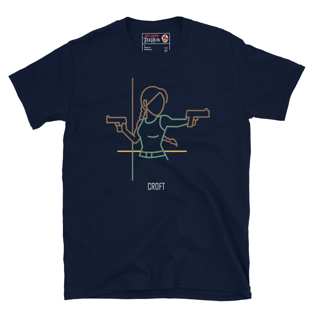 Navy Blue T-shirt featuring minimalist line-art of a female adventurer with two pistols and braid, labeled “Croft” – inspired by Lara Croft from Tomb Raider.