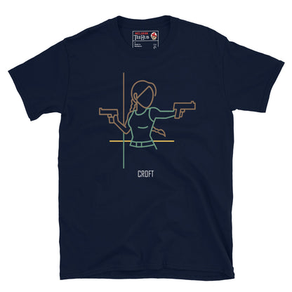 Navy Blue T-shirt featuring minimalist line-art of a female adventurer with two pistols and braid, labeled “Croft” – inspired by Lara Croft from Tomb Raider.