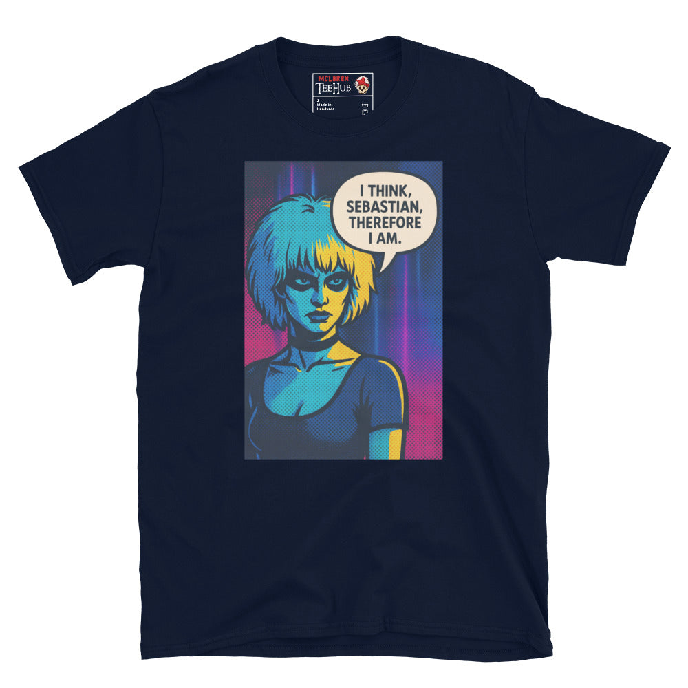 Navy blue T-shirt with pop art illustration of Pris from Blade Runner saying “I think, Sebastian, therefore I am” in a speech bubble.