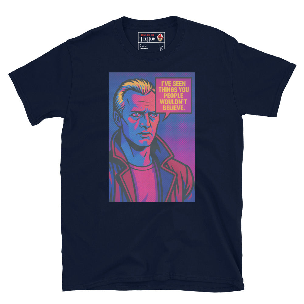 Navy Blue T-shirt with colorful pop art design of Roy Batty from Blade Runner and the quote “I’ve seen things you people wouldn’t believe.”
