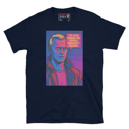 Navy Blue T-shirt with colorful pop art design of Roy Batty from Blade Runner and the quote “I’ve seen things you people wouldn’t believe.”