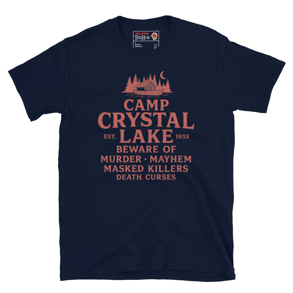 Navy Blue T-shirt featuring a red retro design of Camp Crystal Lake with horror warning text inspired by the Friday the 13th franchise.