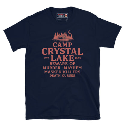 Navy Blue T-shirt featuring a red retro design of Camp Crystal Lake with horror warning text inspired by the Friday the 13th franchise.