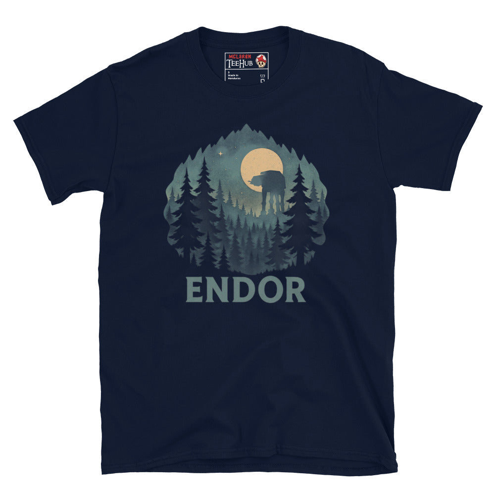 Navy Blue T-shirt featuring a forest scene with trees, full moon, and an AT-AT silhouette, with the word “Endor” below – inspired by Star Wars.