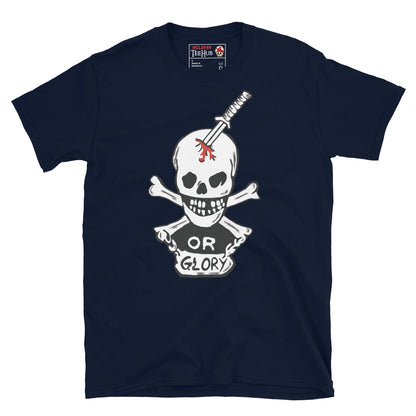 Navy Blue T-shirt featuring the "Or Glory" skull and katana design inspired by Private Hudson's body armor from the movie Aliens.