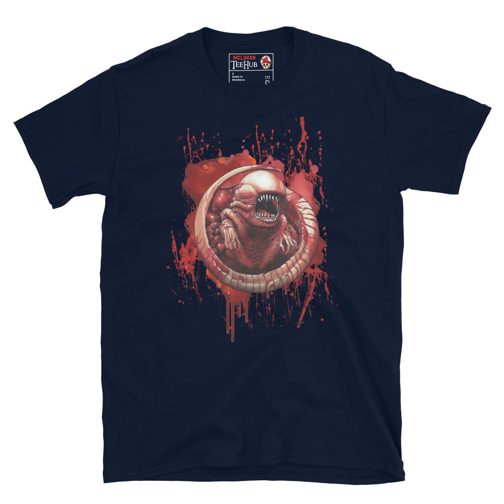 Navy blue T-shirt featuring a detailed chestburster creature erupting with blood splatter, inspired by the Alien movie franchise.