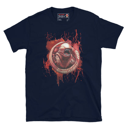 Navy blue T-shirt featuring a detailed chestburster creature erupting with blood splatter, inspired by the Alien movie franchise.