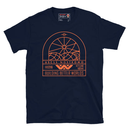 Navy Blue T-shirt featuring a minimalist orange line art graphic of the USCSS Nostromo badge with Weyland-Yutani branding and “Building Better Worlds” slogan.