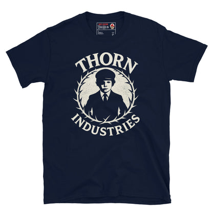 Navy T-shirt featuring the fictional "Thorn Industries" logo with a silhouette of Damien Thorn from The Omen, surrounded by a thorny wreath.