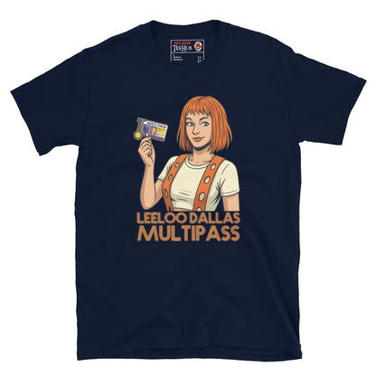 Cartoon-style Leeloo from The Fifth Element holding a multipass with the words “Leeloo Dallas Multipass” on a navy T-shirt.