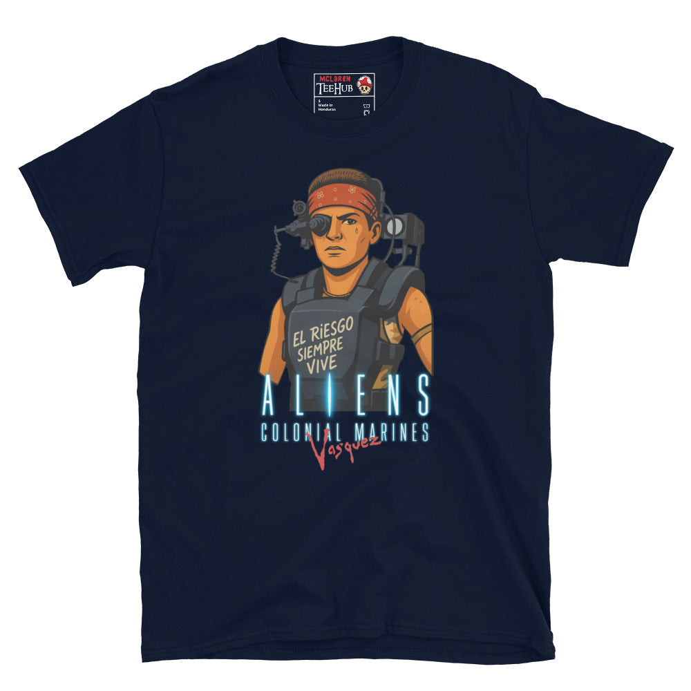 Navy Blue Aliens Colonial Marines Vasquez T-shirt featuring cartoon Vasquez in red bandana with “El Riesgo Siempre Vive” text on armor.