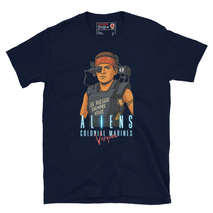 Navy Blue Aliens Colonial Marines Vasquez T-shirt featuring cartoon Vasquez in red bandana with “El Riesgo Siempre Vive” text on armor.