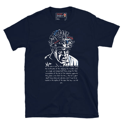 Navy blue Ghostbusters T-shirt featuring Louis Tully with a wired helmet and the Giant Sloar quote, exclusive to McClaren Tee Hub.