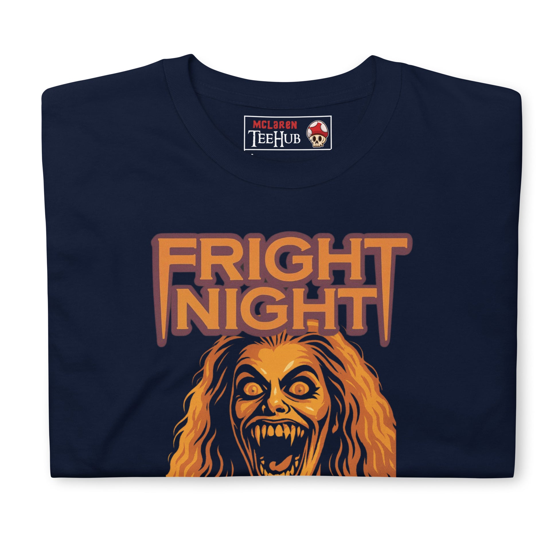 80s horror movie Fright Night T-shirt featuring Amy vampire transformation design Navy