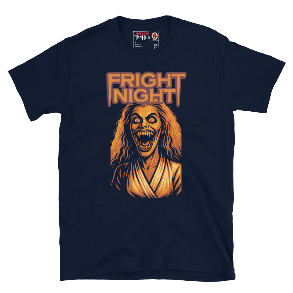 Fright Night Amy vampire transformation T-shirt with screaming monster graphic – McLaren T-Hub exclusive Navy