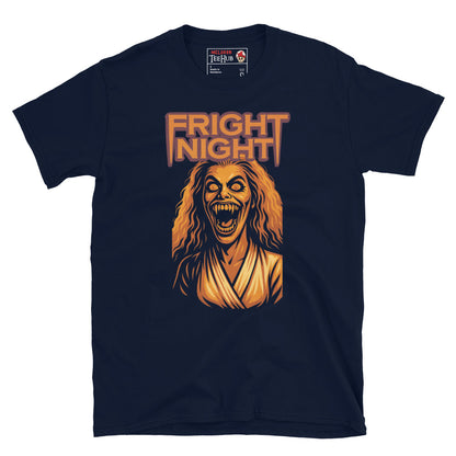 Fright Night Amy vampire transformation T-shirt with screaming monster graphic – McLaren T-Hub exclusive Navy