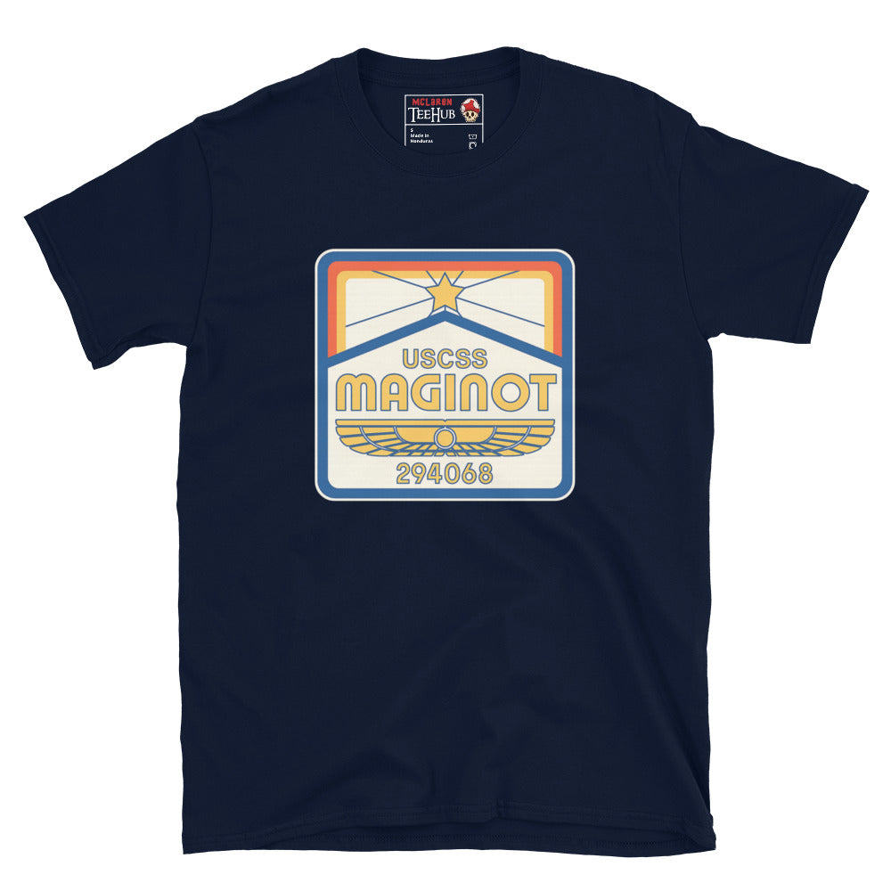 Navy Blue T-shirt with USCSS Maginot retro crew badge design – Aliens Earth inspired sci-fi fashion.