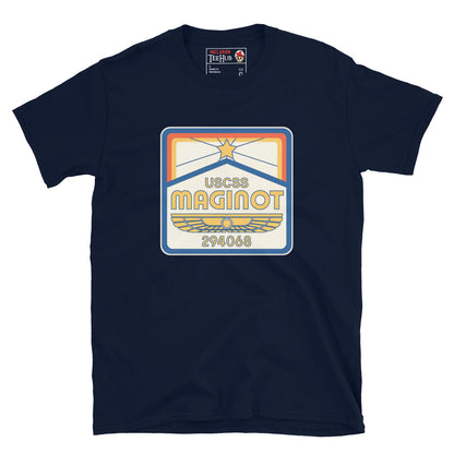 Navy Blue T-shirt with USCSS Maginot retro crew badge design – Aliens Earth inspired sci-fi fashion.