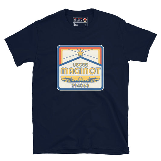 Navy Blue T-shirt with USCSS Maginot retro crew badge design – Aliens Earth inspired sci-fi fashion.