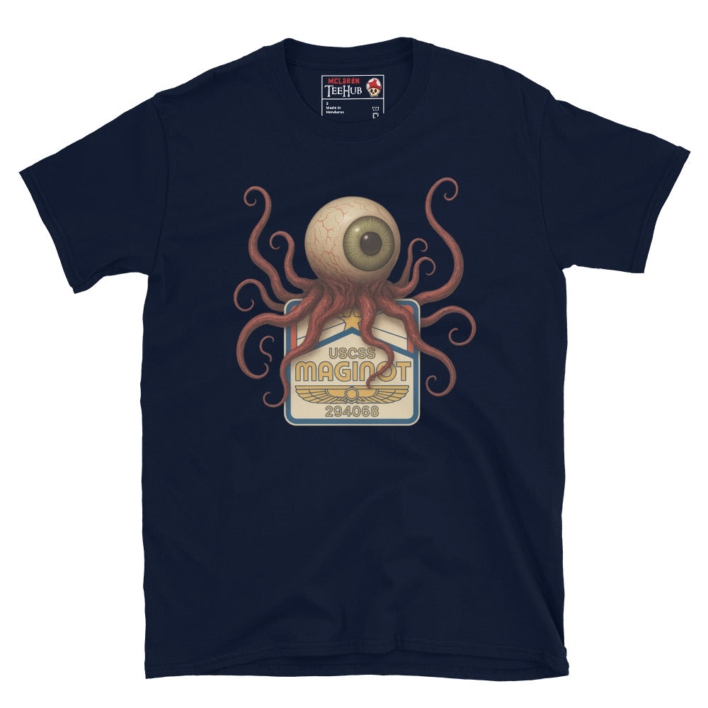 Navy Alien Earth T-shirt with USCSS Maginot badge and grotesque T-Ocellus monster – retro sci-fi horror design.