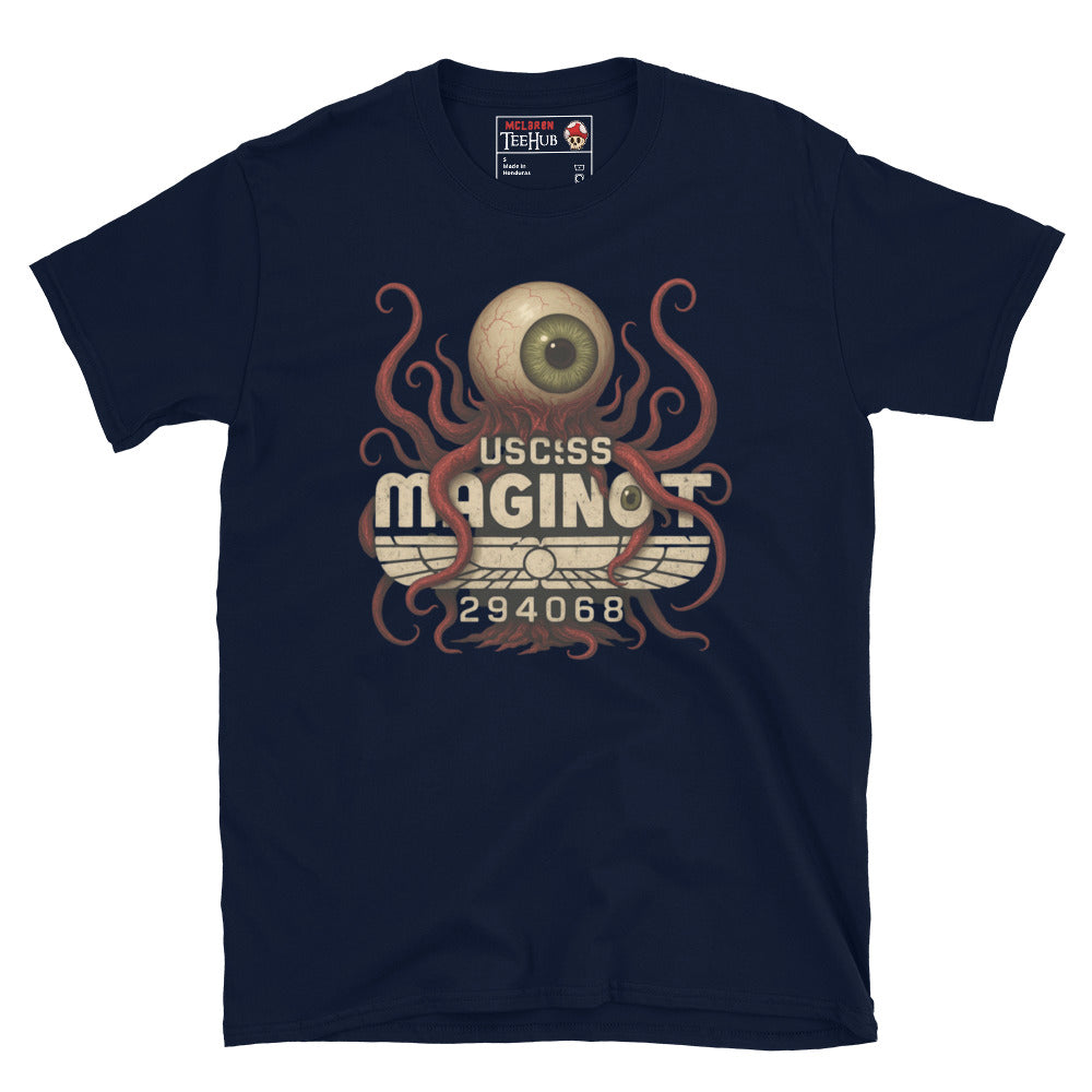 Navy T-shirt featuring T-Ocellus with USCSS Maginot text – Retro sci-fi horror design from Alien Earth.