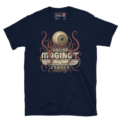 Navy T-shirt featuring T-Ocellus with USCSS Maginot text – Retro sci-fi horror design from Alien Earth.